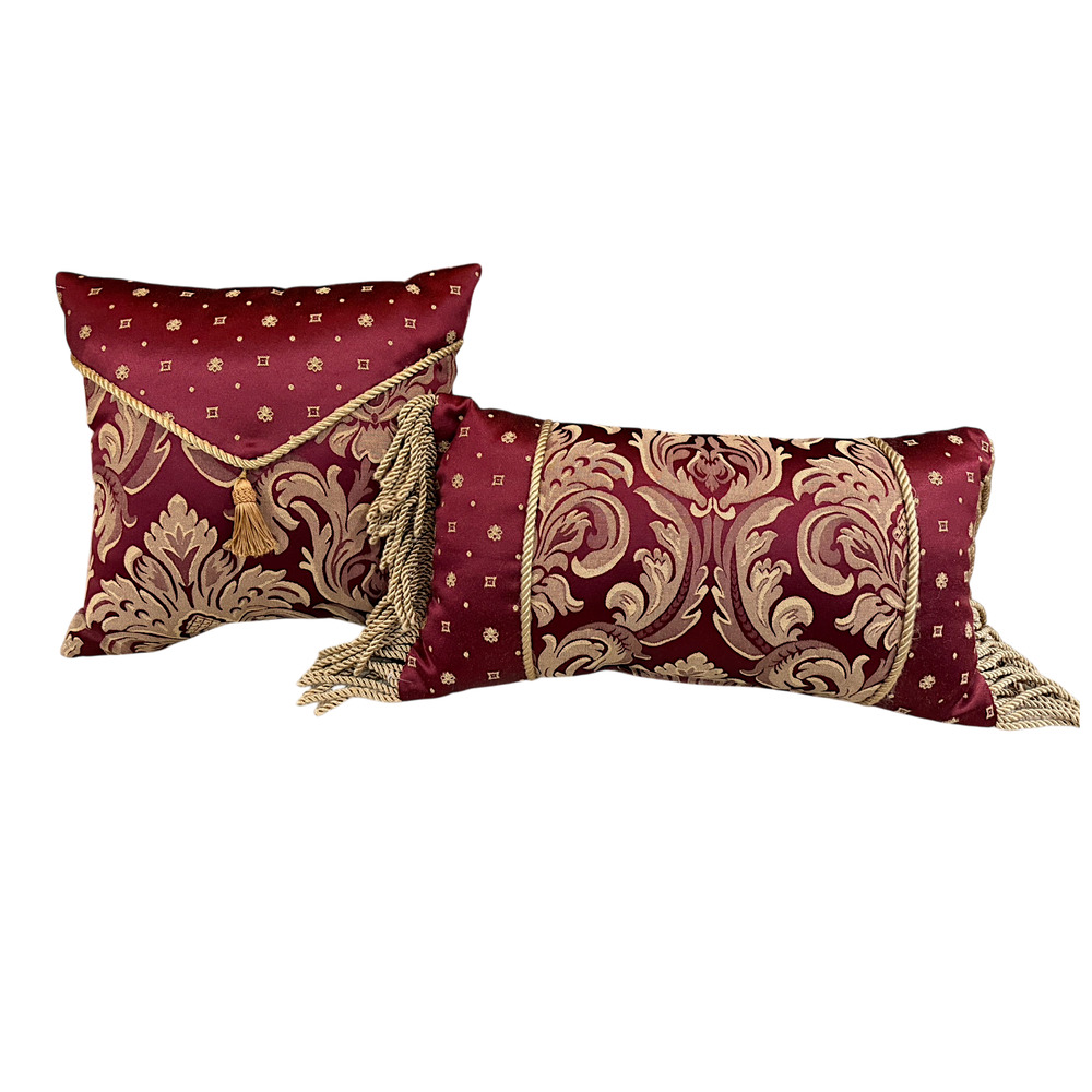 Croscill Burgundy Gold Bed Accent Pillow Set Tassel Fringe Damask Decorative